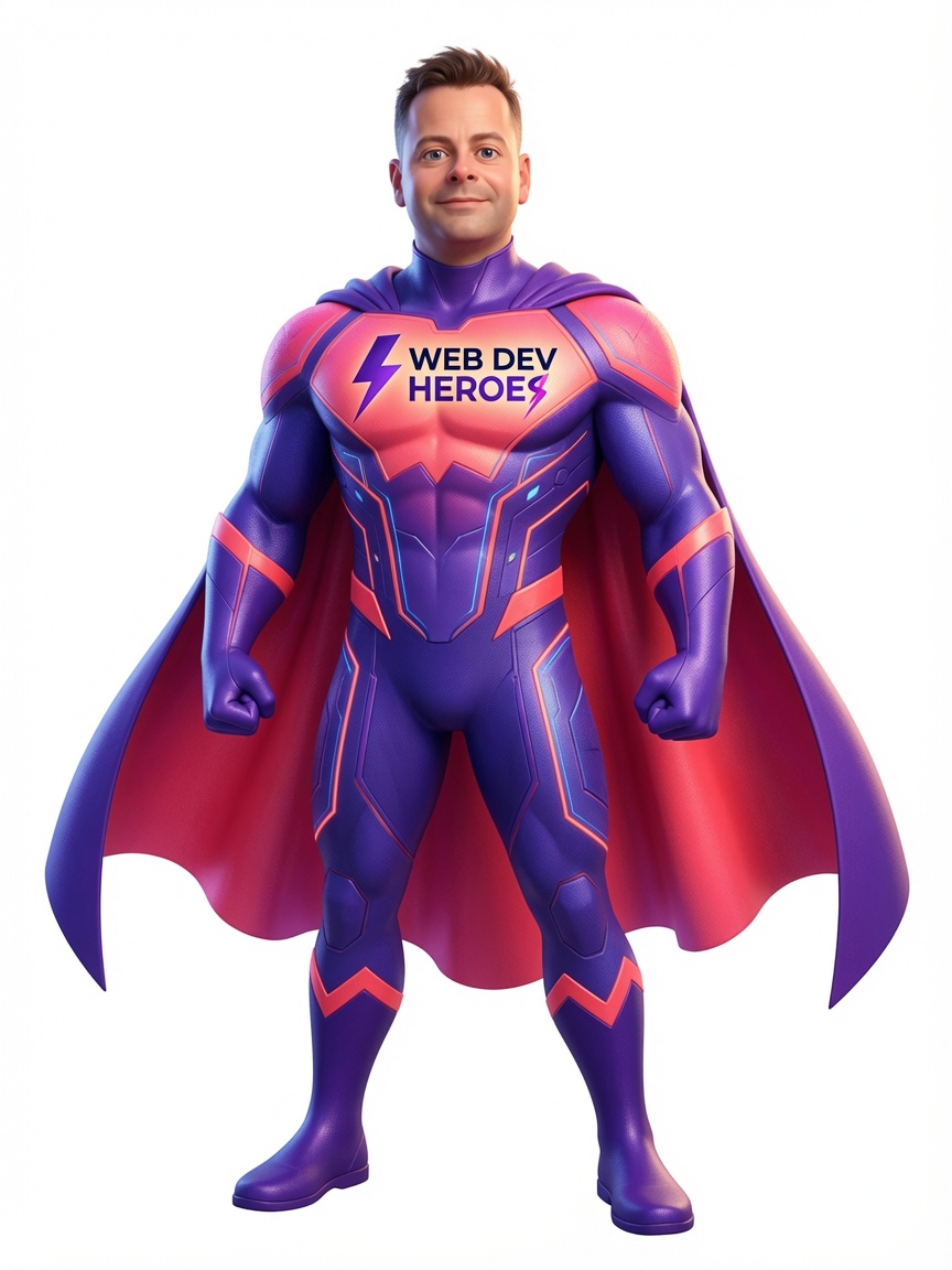 Chris Danks, director of Web Dev Heroes, illustrated as a superhero in the Web Dev Heroes suit
