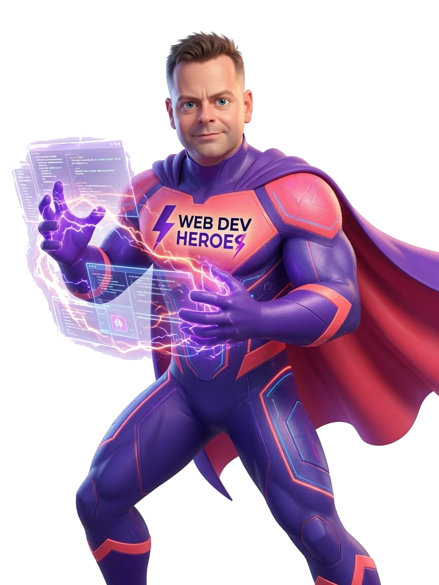 Chris, the Web Dev Heroes superhero, conjuring code and interfaces