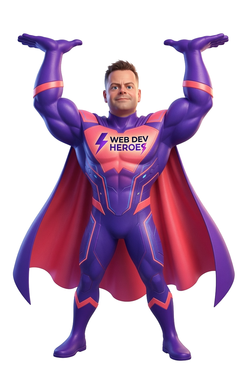 Chris, the Web Dev Heroes superhero, lifting a browser window overhead