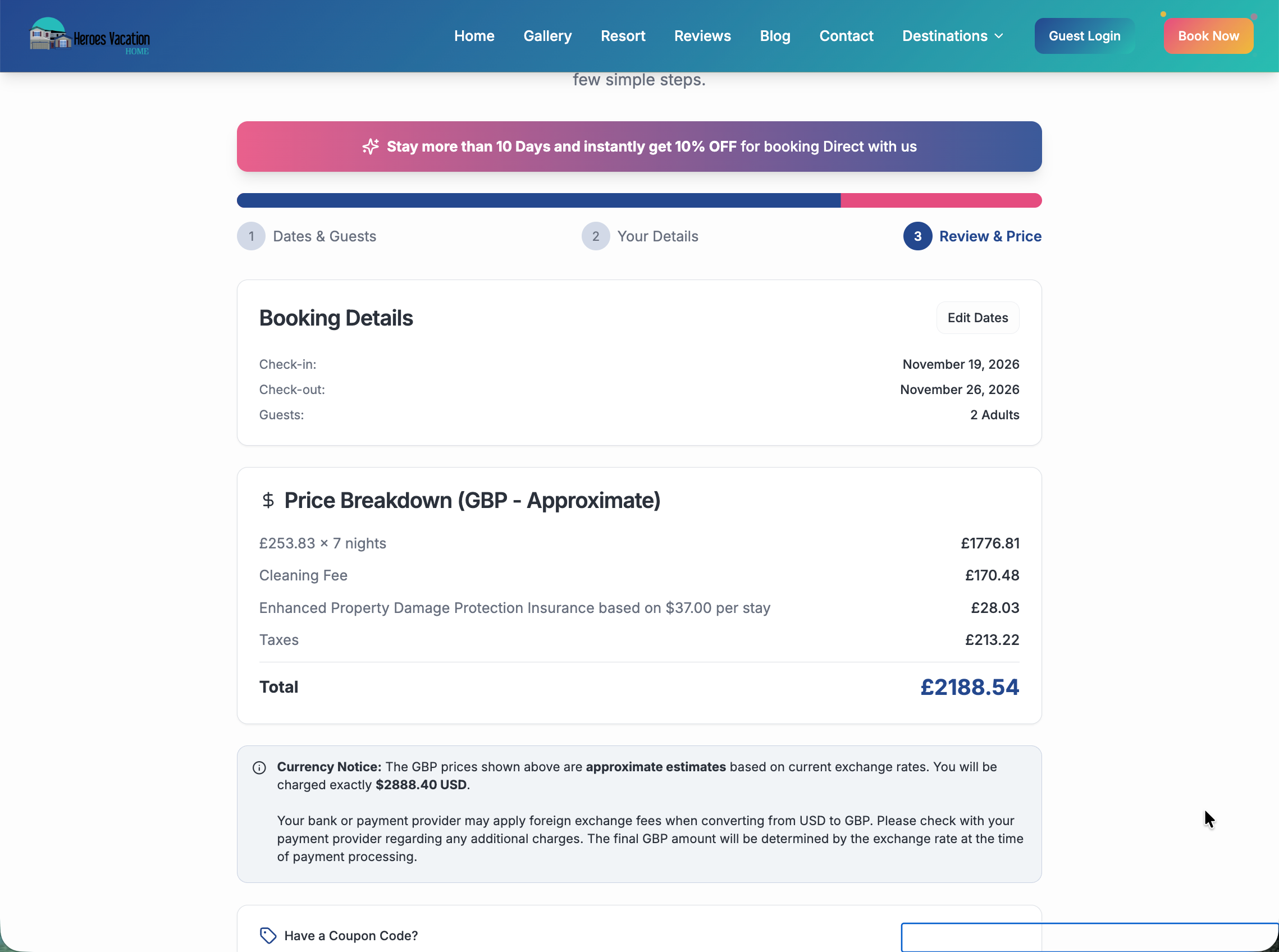 Booking wizard review and price step