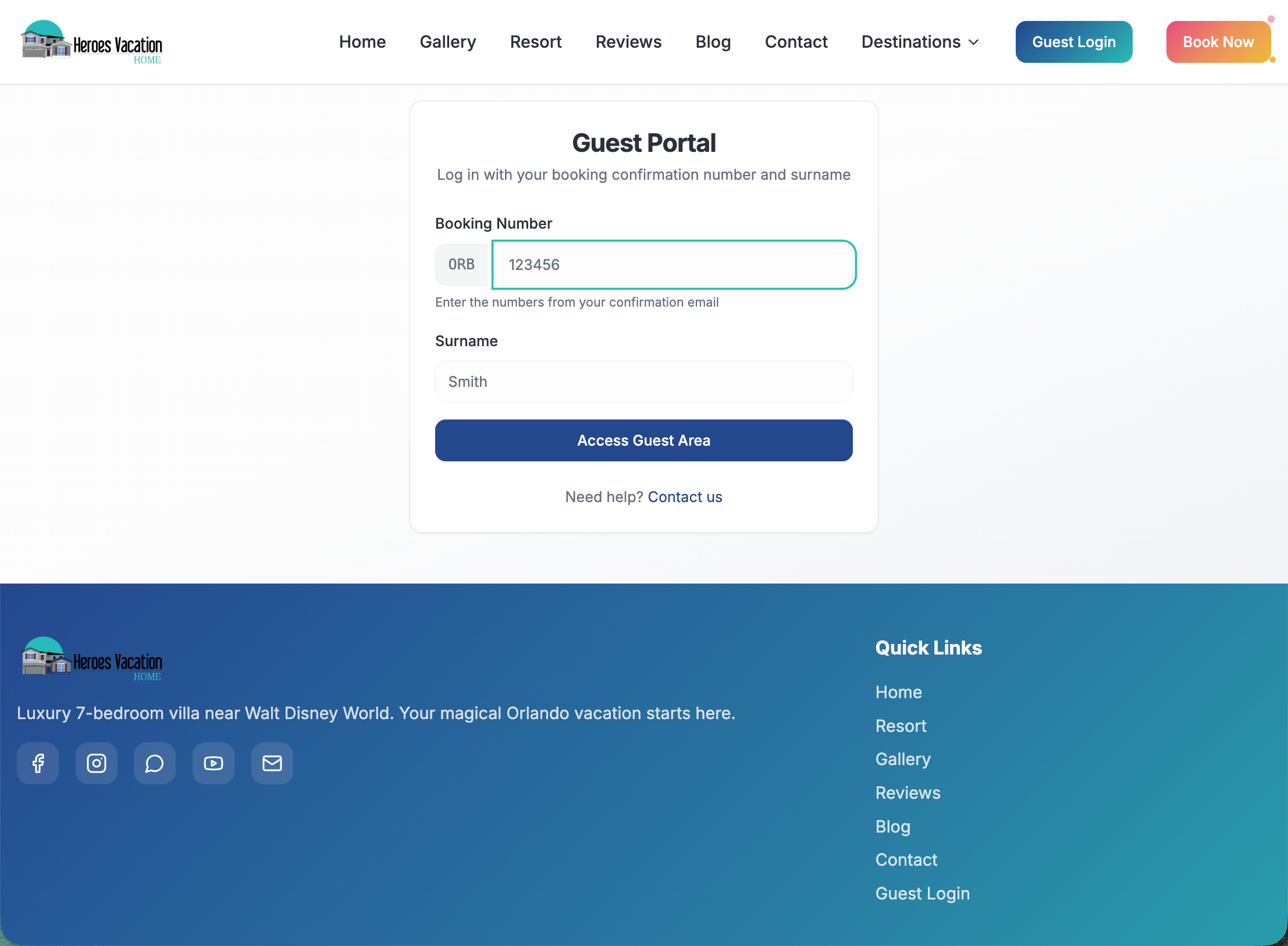 Heroes Vacation Home guest portal login