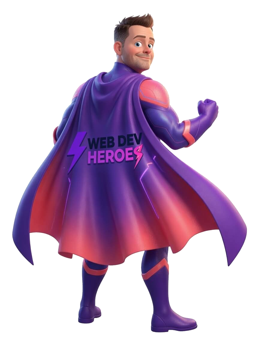 Web Dev Heroes mascot, cape facing, presenting the work