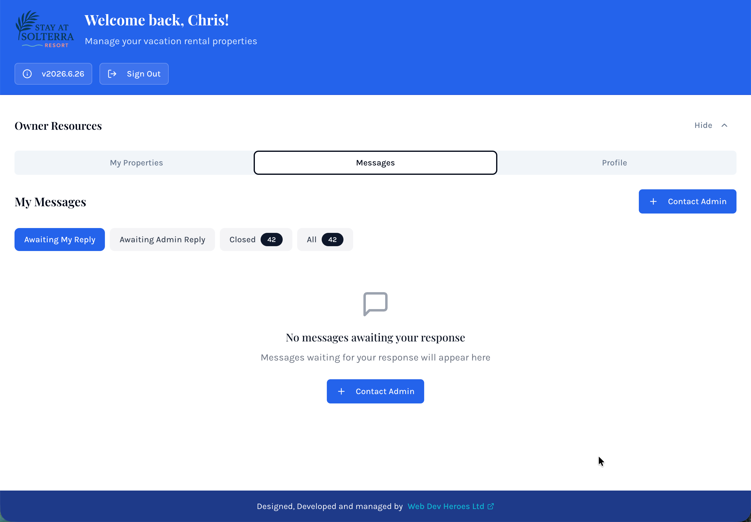 Stay At Solterra owner messaging inbox with admin support queues